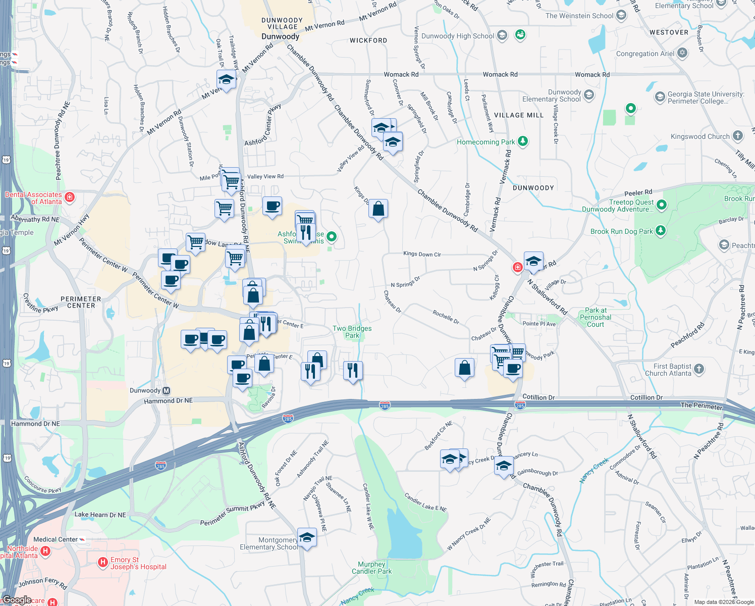 map of restaurants, bars, coffee shops, grocery stores, and more near 4505 Village Springs Pl in Dunwoody