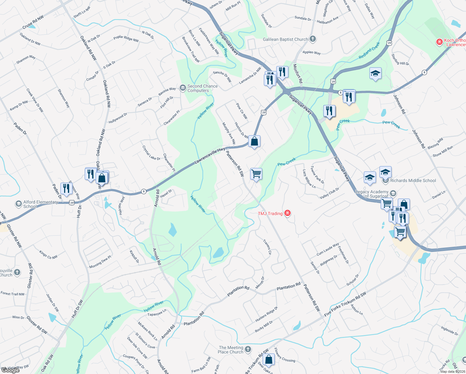 map of restaurants, bars, coffee shops, grocery stores, and more near 1879 Patterson Court in Lawrenceville