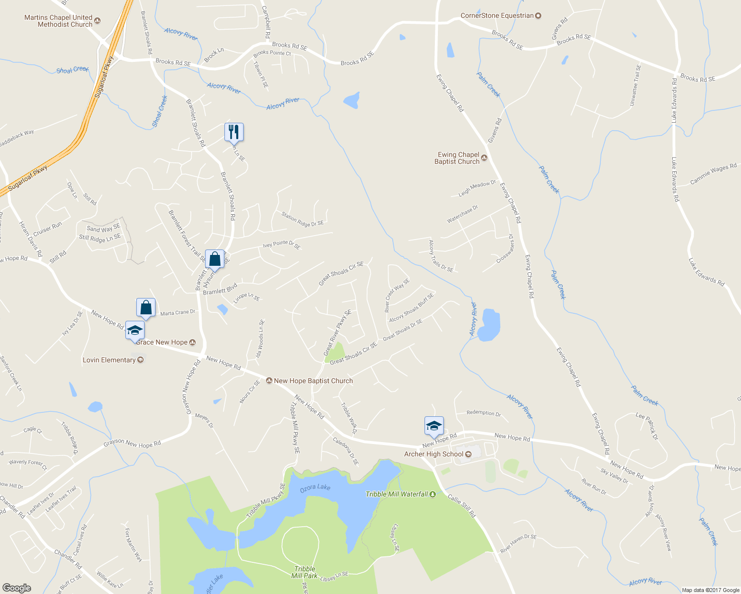 map of restaurants, bars, coffee shops, grocery stores, and more near 1533 Great Shoals Circle Southeast in Lawrenceville