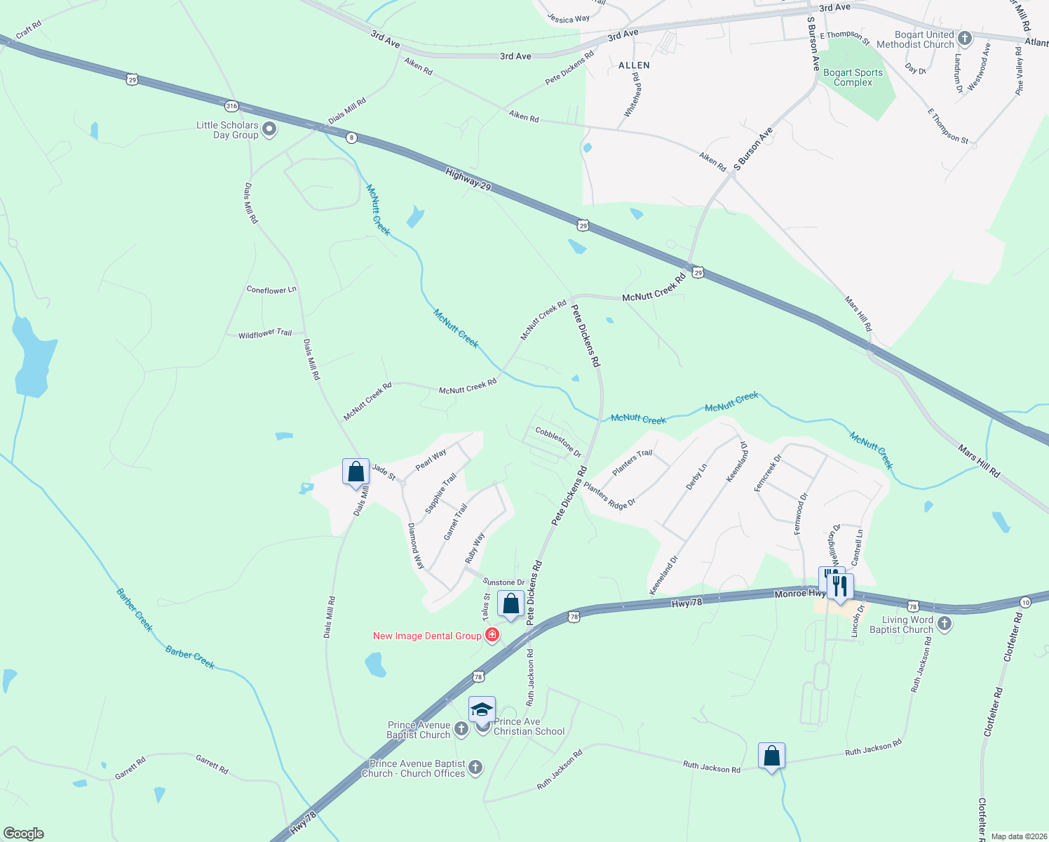 map of restaurants, bars, coffee shops, grocery stores, and more near 1041 Cobblestone Way in Bogart