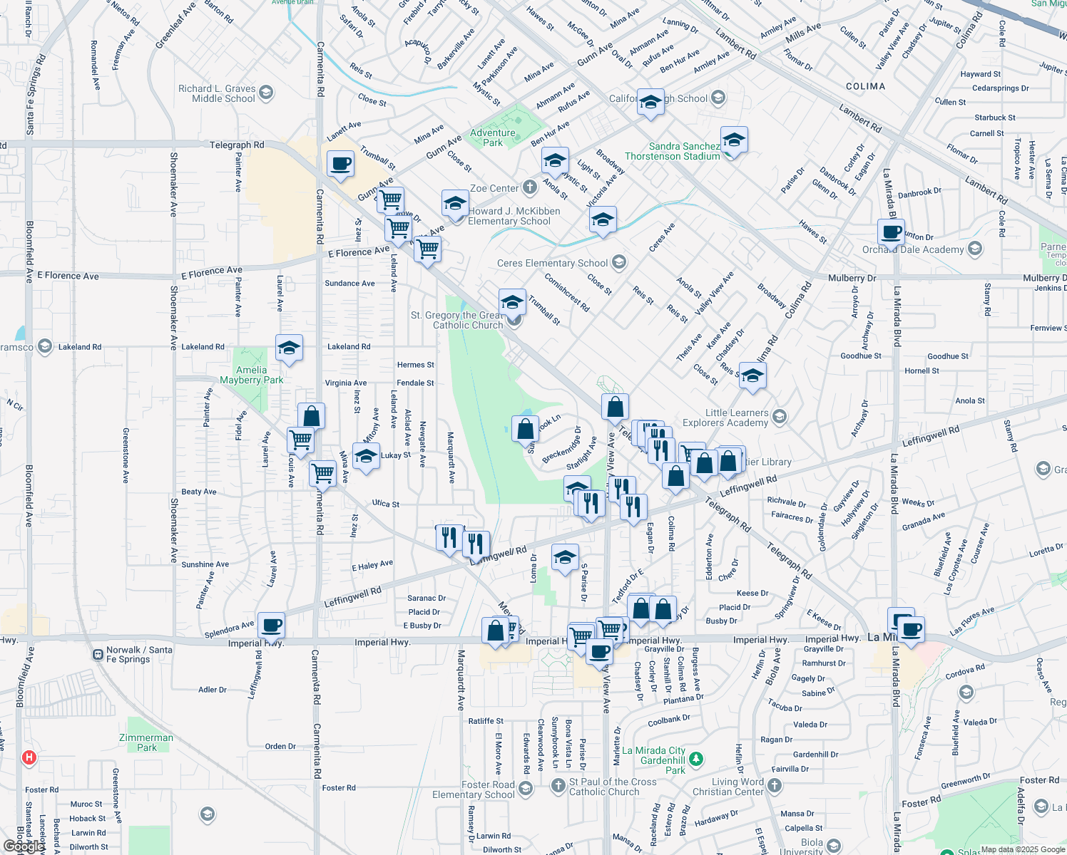 map of restaurants, bars, coffee shops, grocery stores, and more near 11531 Sunnybrook Lane in Whittier