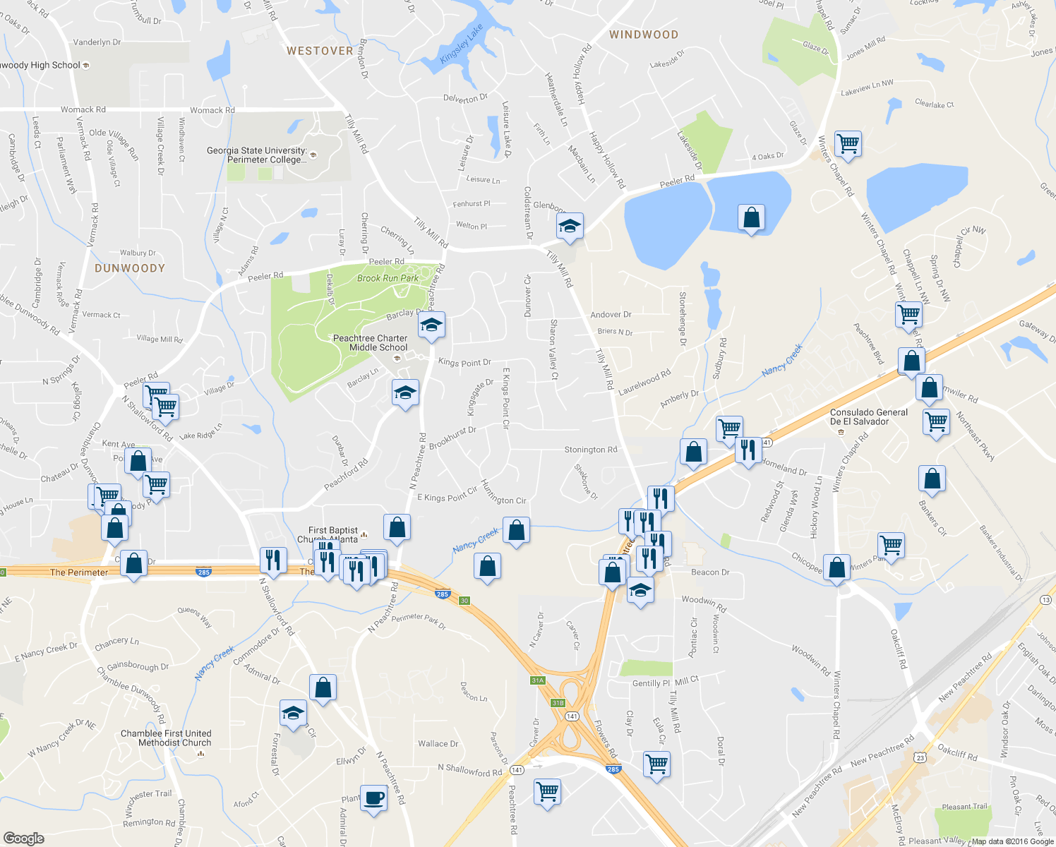 map of restaurants, bars, coffee shops, grocery stores, and more near 2414 Brookhurst Dr in Dunwoody