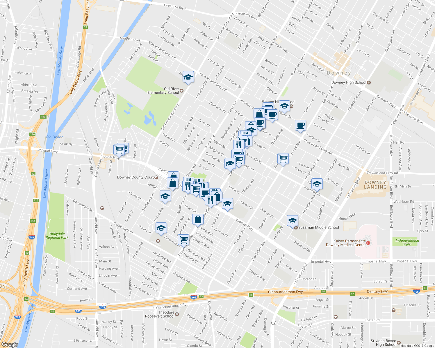 map of restaurants, bars, coffee shops, grocery stores, and more near 7939 Quill Drive in Downey
