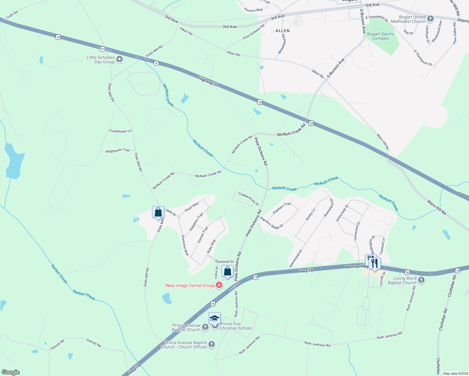 map of restaurants, bars, coffee shops, grocery stores, and more near 1051 Cobblestone Way in Bogart