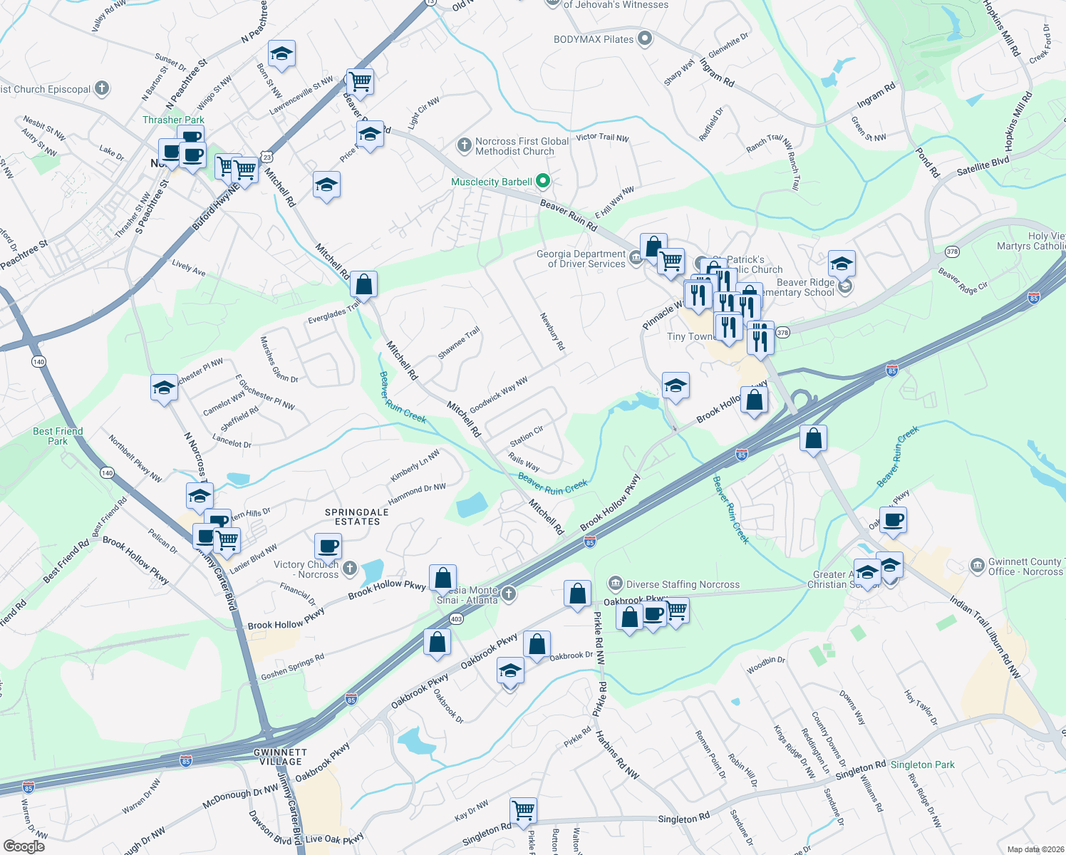 map of restaurants, bars, coffee shops, grocery stores, and more near 5451 Station Cir in Norcross