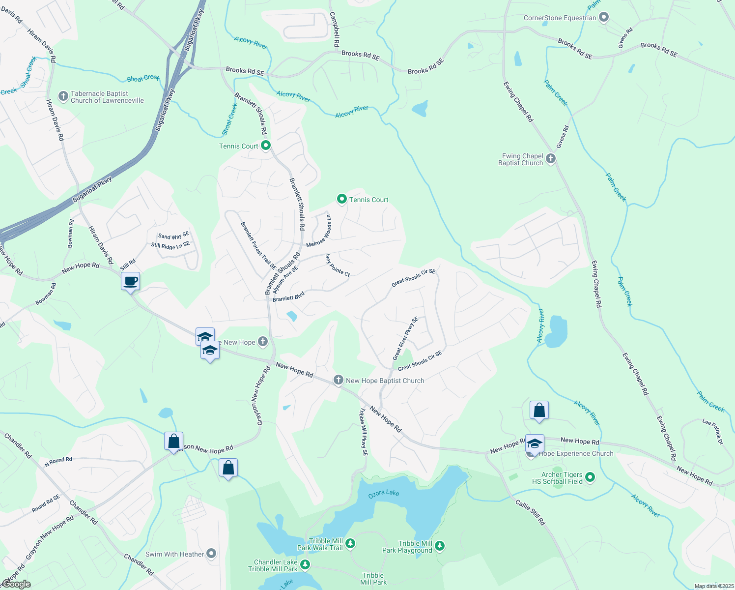map of restaurants, bars, coffee shops, grocery stores, and more near 929 Rolling Branch Way Southeast in Lawrenceville