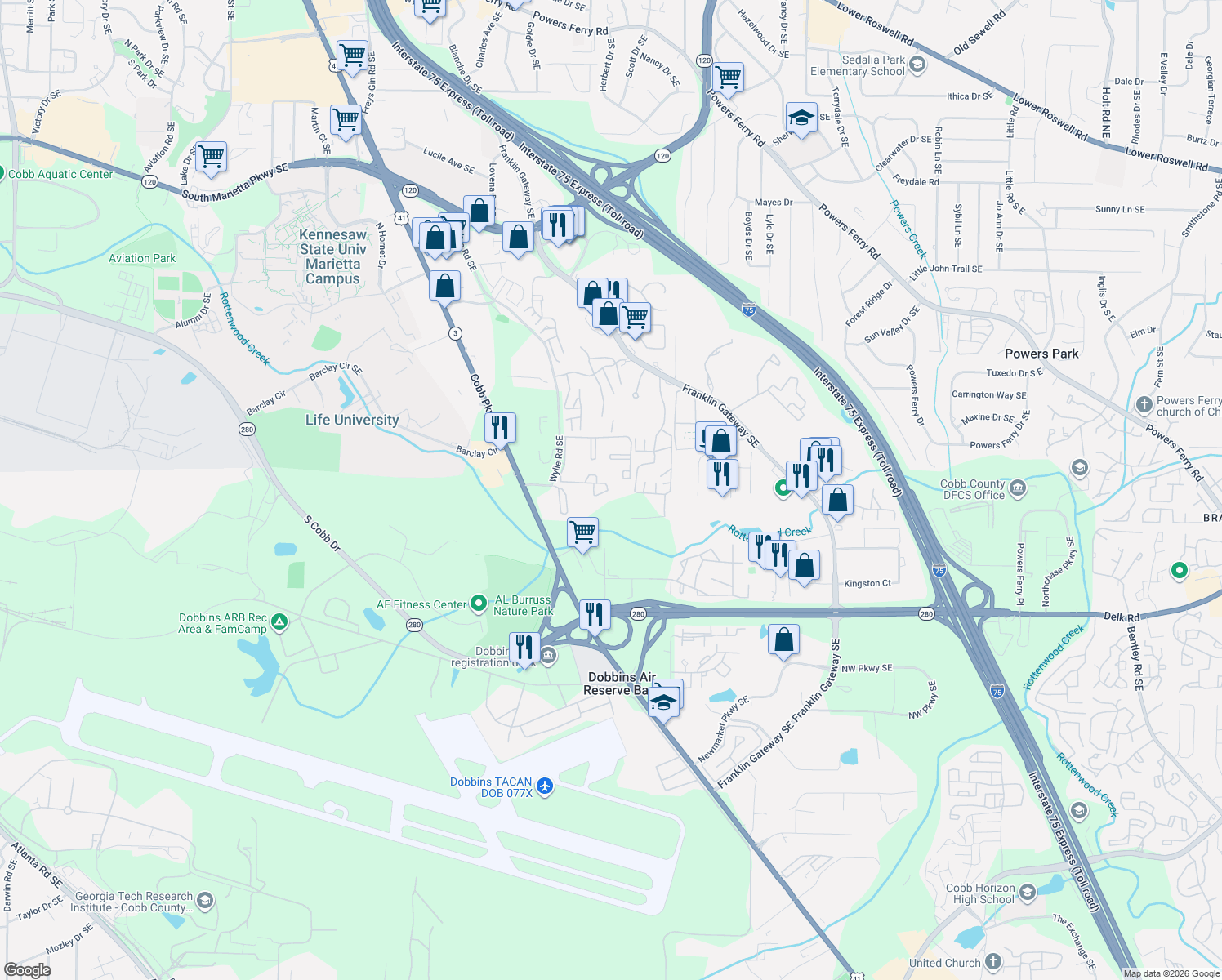 map of restaurants, bars, coffee shops, grocery stores, and more near 991 Wylie Road Southeast in Marietta