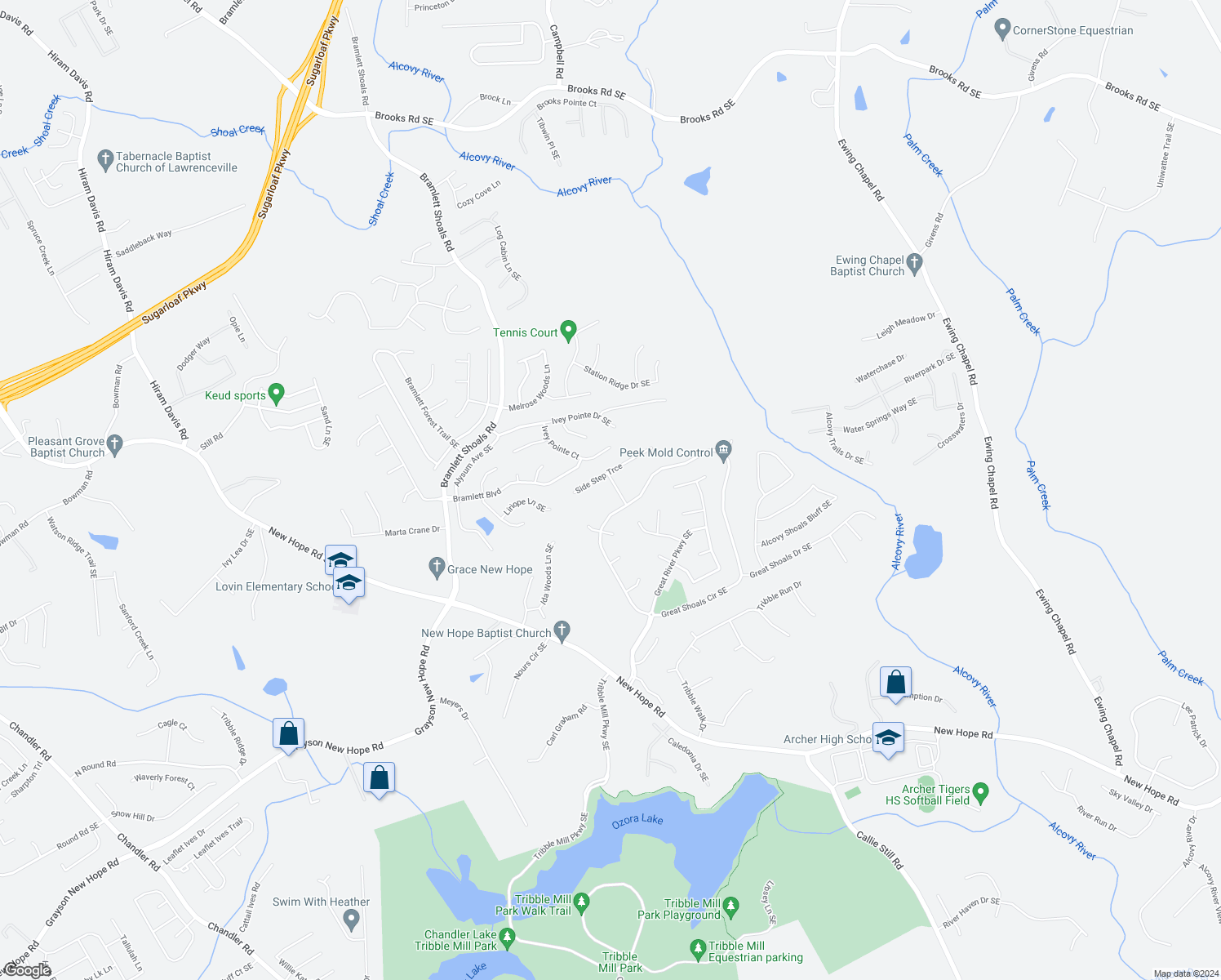 map of restaurants, bars, coffee shops, grocery stores, and more near 929 Rolling Branch Way Southeast in Lawrenceville