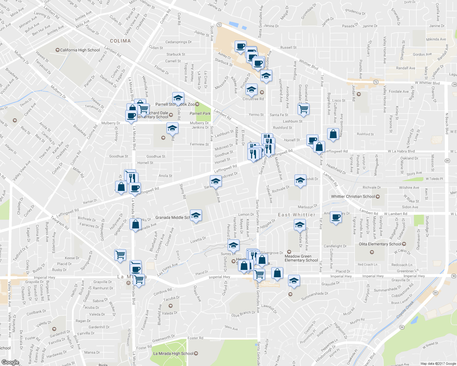 map of restaurants, bars, coffee shops, grocery stores, and more near 15454 Saranac Drive in Whittier
