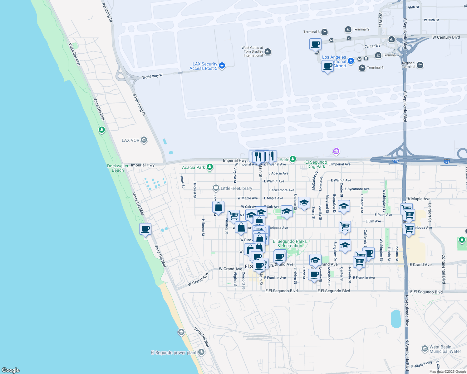 map of restaurants, bars, coffee shops, grocery stores, and more near 841 Virginia Street in El Segundo