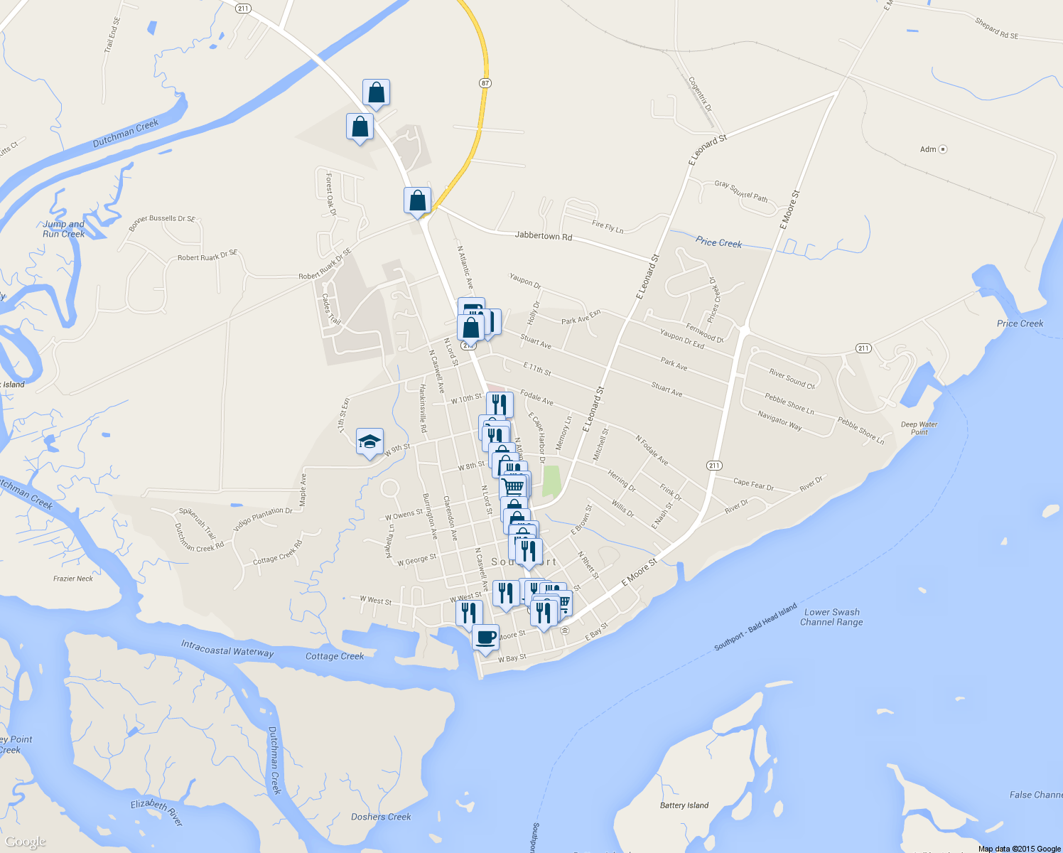 map of restaurants, bars, coffee shops, grocery stores, and more near 815 East Cape Harbor Drive in Southport