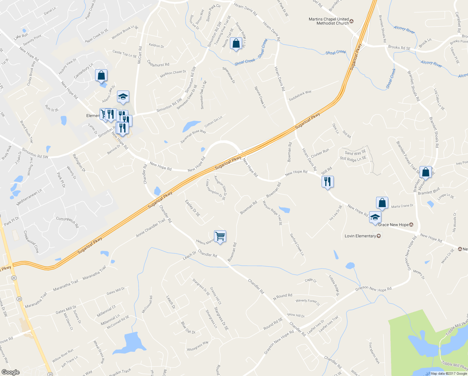 map of restaurants, bars, coffee shops, grocery stores, and more near 1224 Amanda Jill Court in Lawrenceville