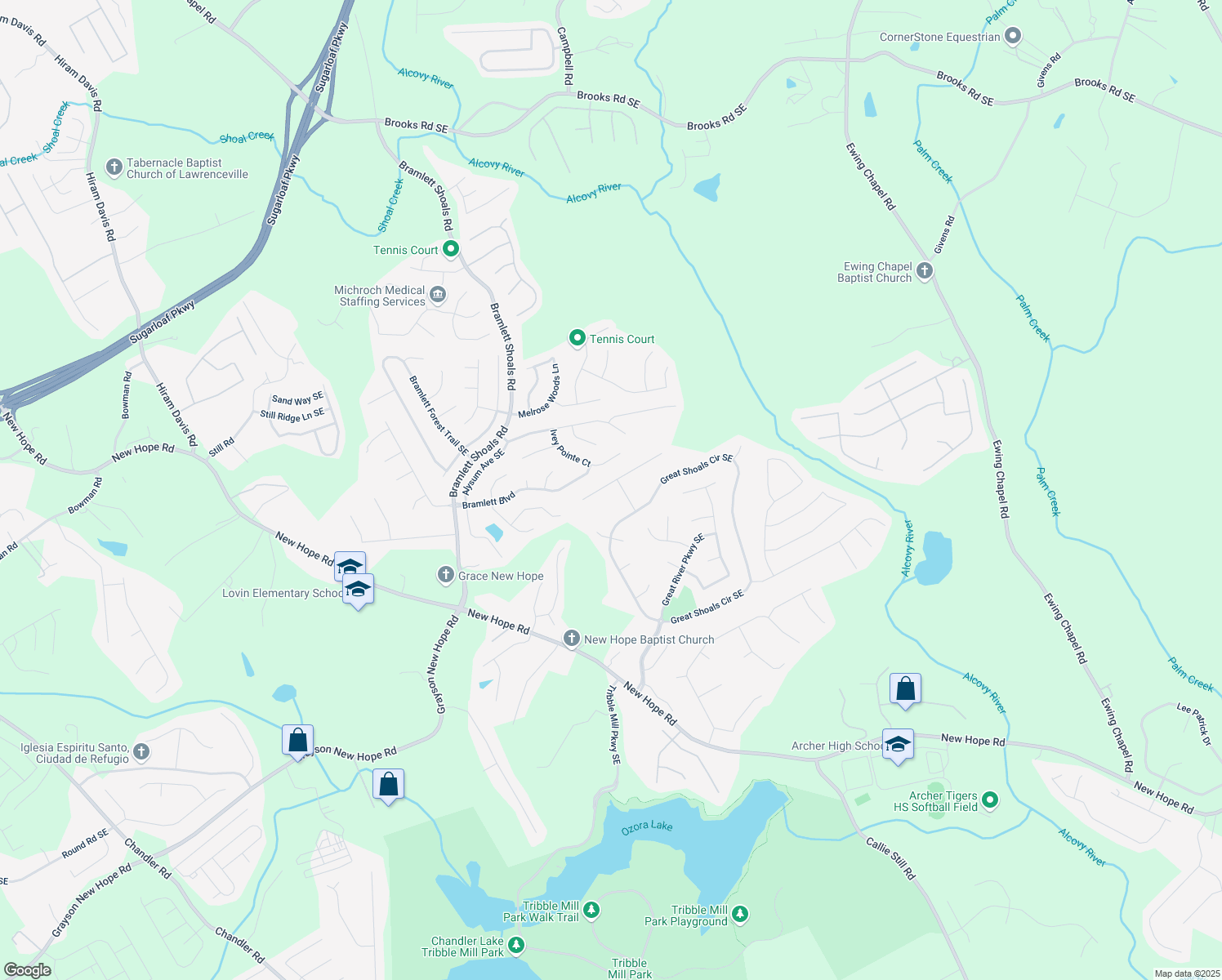 map of restaurants, bars, coffee shops, grocery stores, and more near 1279 Side Step Trace in Lawrenceville