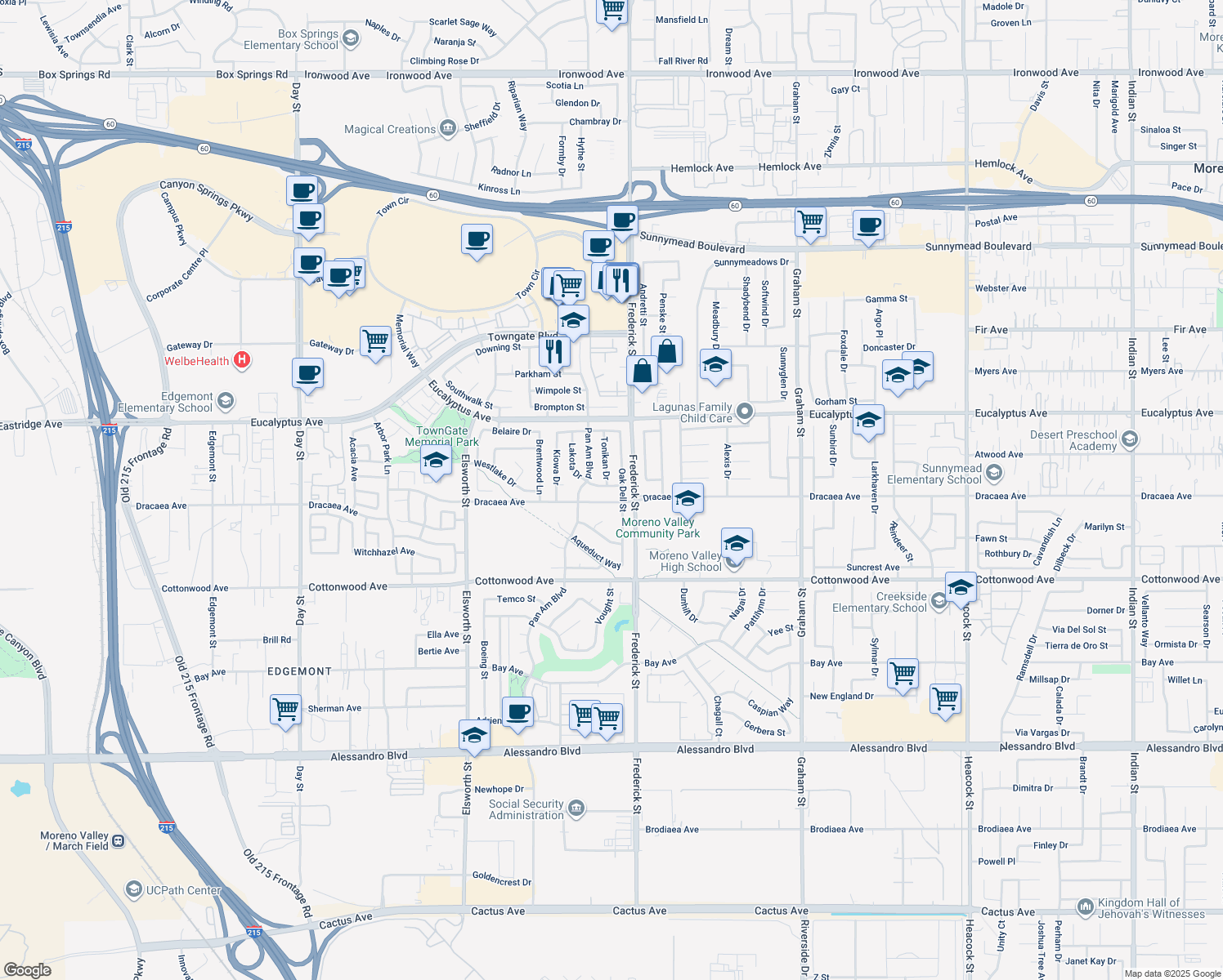 map of restaurants, bars, coffee shops, grocery stores, and more near 13239 Lakota Dr in Moreno Valley
