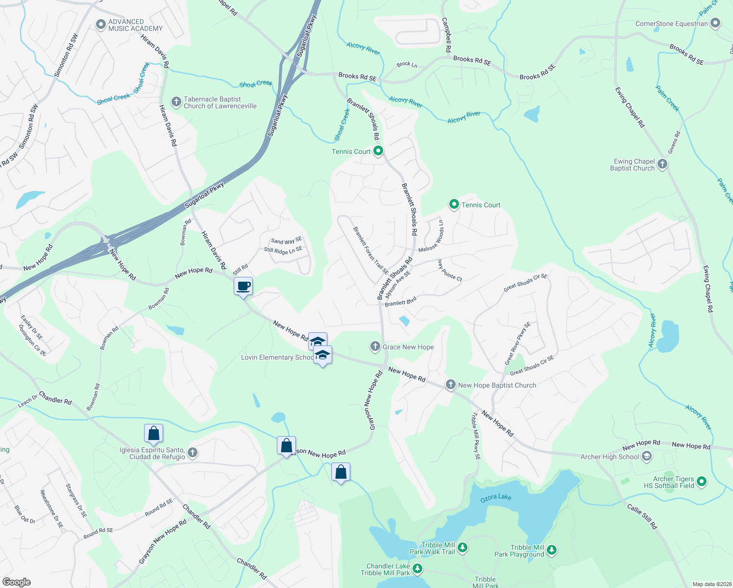 map of restaurants, bars, coffee shops, grocery stores, and more near 1630 Bramlett Blvd in Lawrenceville