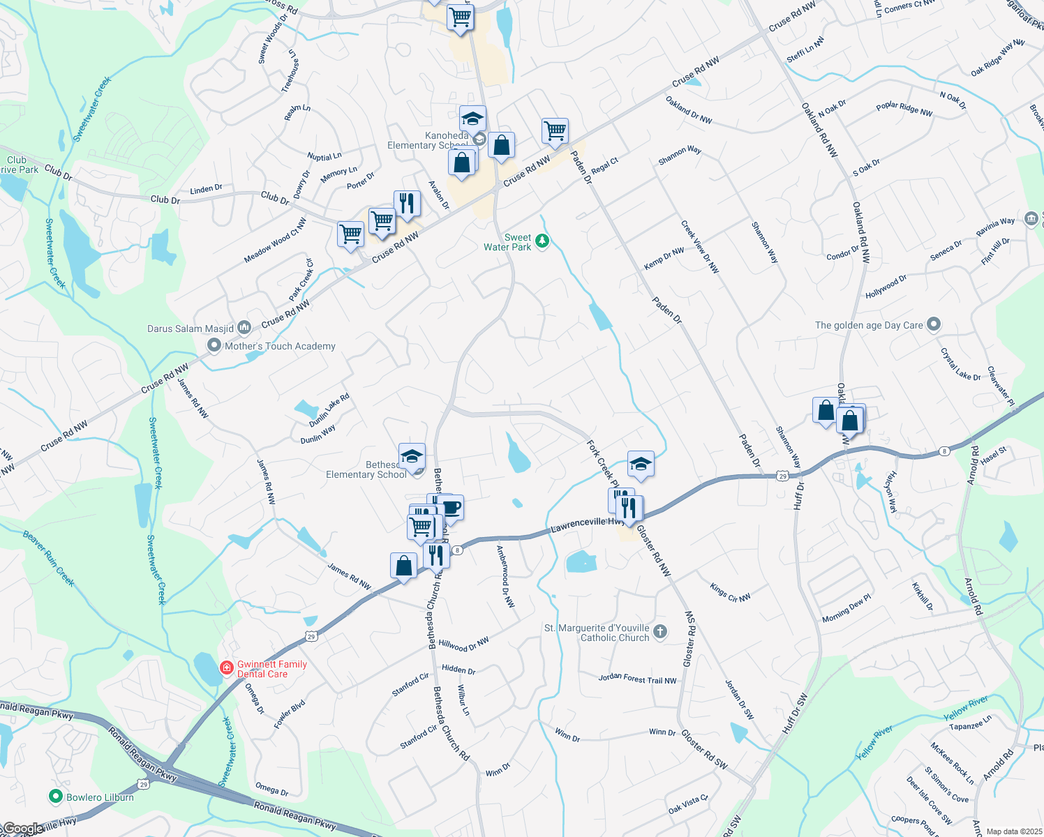 map of restaurants, bars, coffee shops, grocery stores, and more near 685 Maple Crest Dr in Lawrenceville