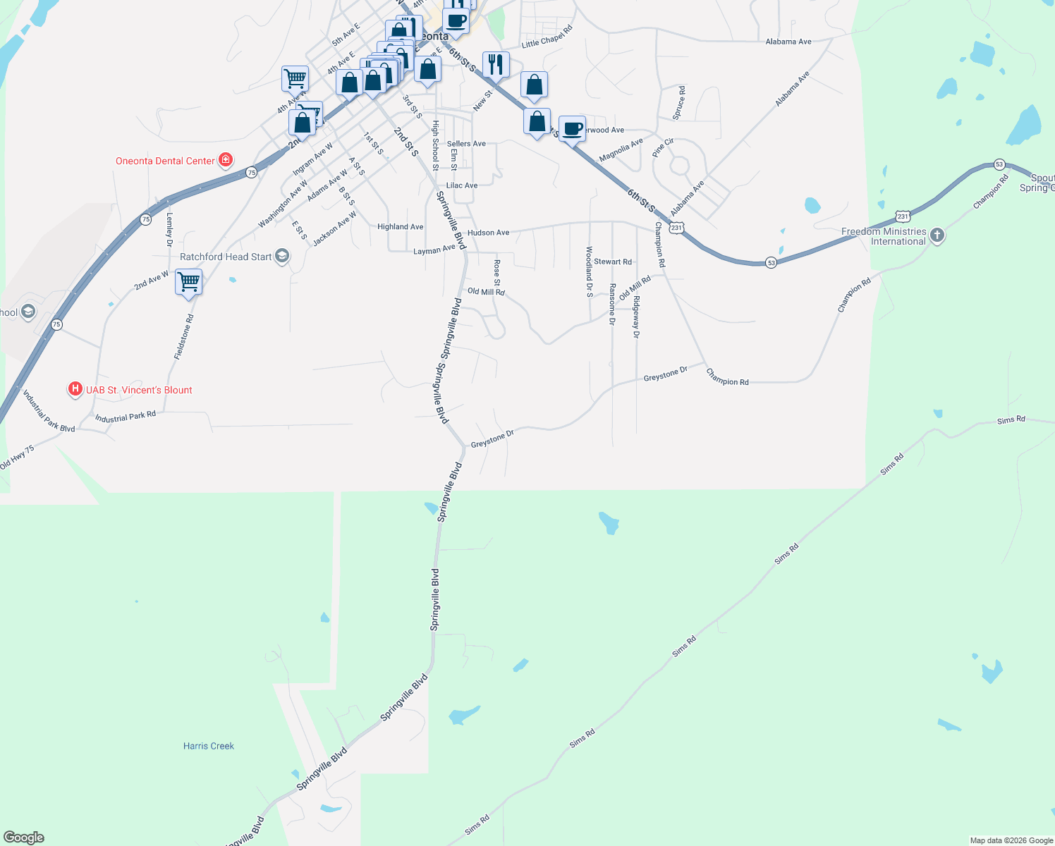 map of restaurants, bars, coffee shops, grocery stores, and more near 135 Greystone Drive in Oneonta