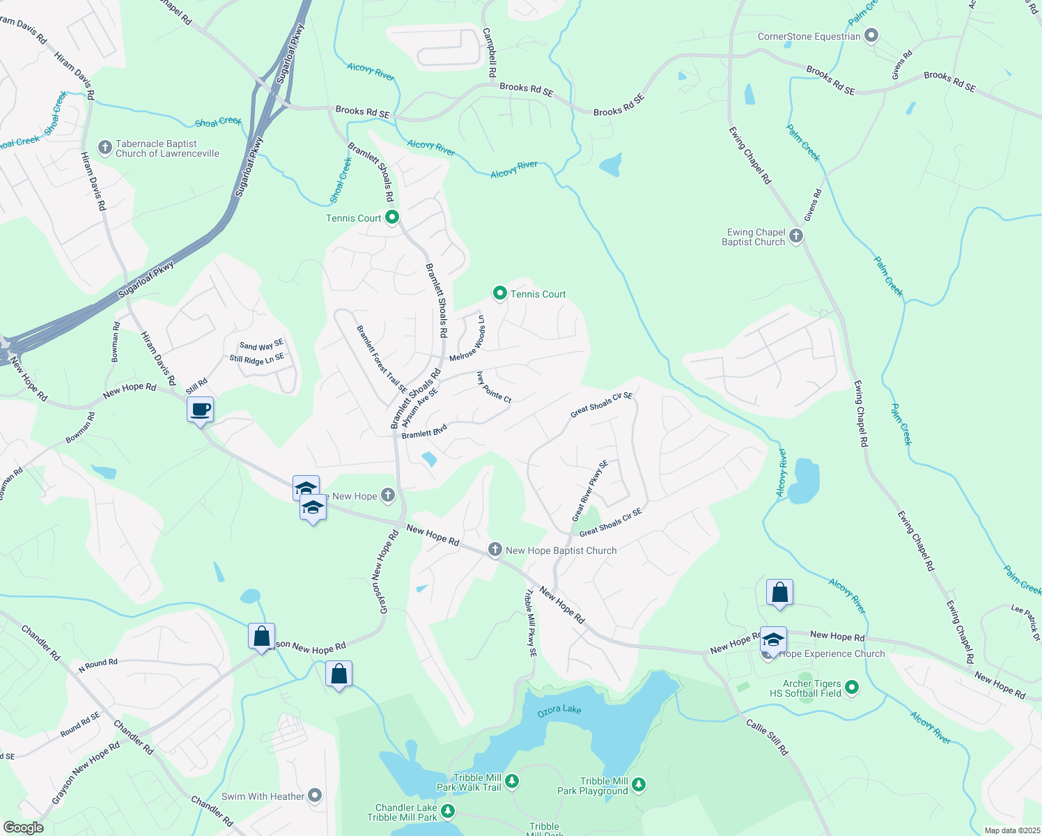 map of restaurants, bars, coffee shops, grocery stores, and more near 1268 Side Step Trace in Lawrenceville
