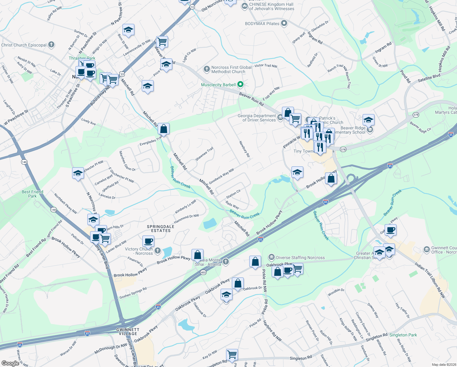 map of restaurants, bars, coffee shops, grocery stores, and more near 5111 Station Cir in Norcross