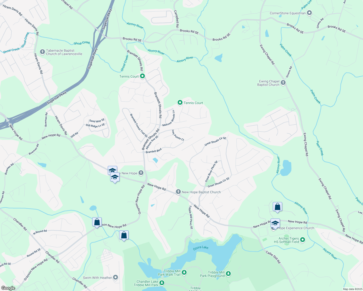 map of restaurants, bars, coffee shops, grocery stores, and more near 1315 Bramlett Boulevard in Lawrenceville