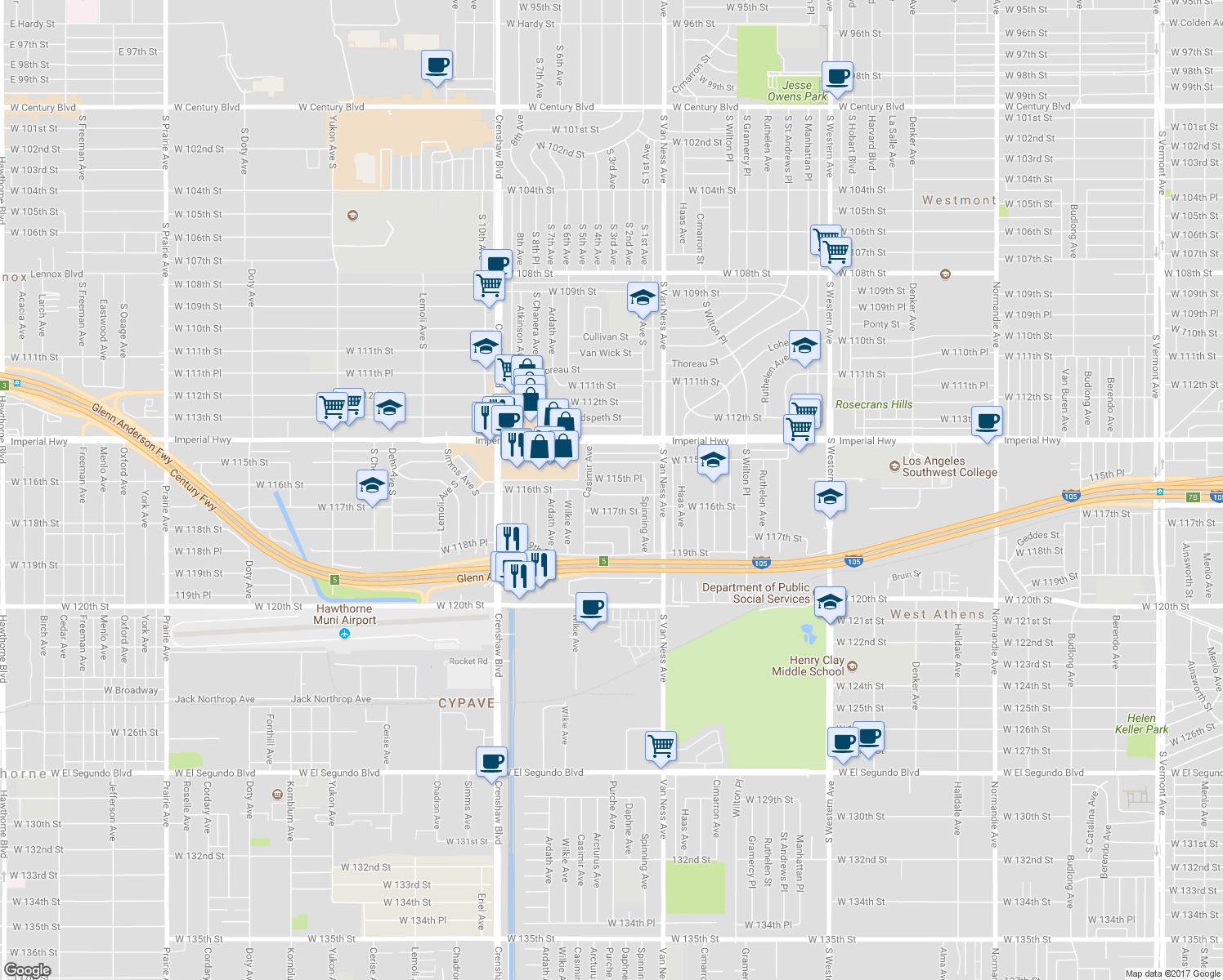 map of restaurants, bars, coffee shops, grocery stores, and more near 2425 West 116th Street in Hawthorne