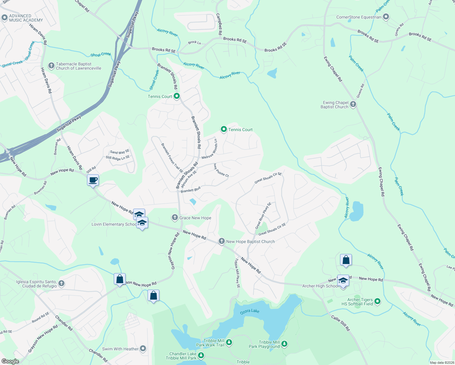 map of restaurants, bars, coffee shops, grocery stores, and more near 1238 Side Step Trace in Lawrenceville