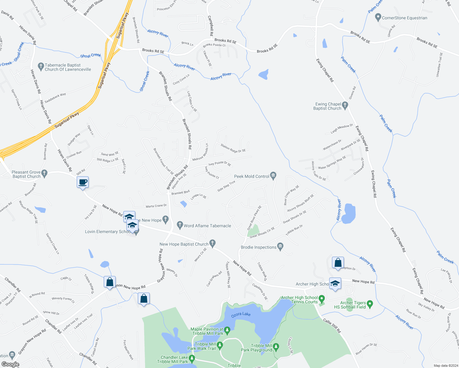 map of restaurants, bars, coffee shops, grocery stores, and more near Side Step Trace in Gwinnett County