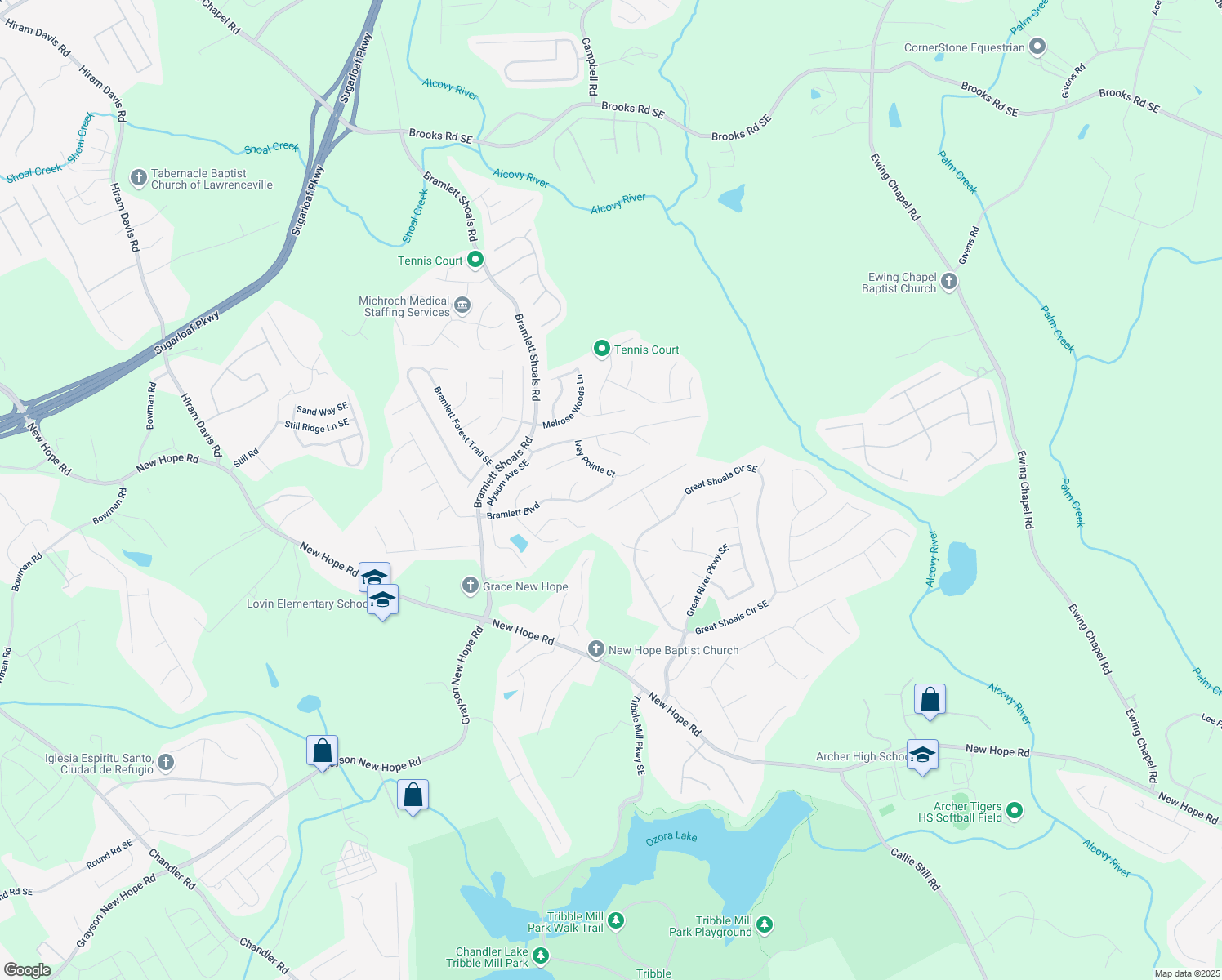 map of restaurants, bars, coffee shops, grocery stores, and more near 1325 Bramlett Boulevard in Lawrenceville