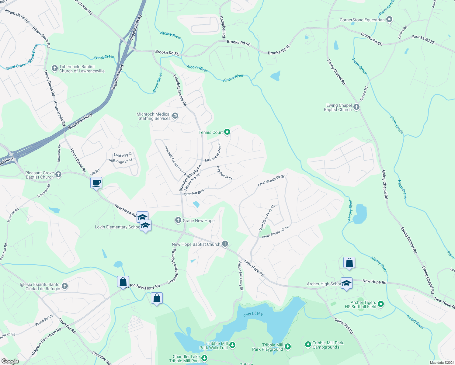 map of restaurants, bars, coffee shops, grocery stores, and more near 1310 Bramlett Boulevard in Lawrenceville