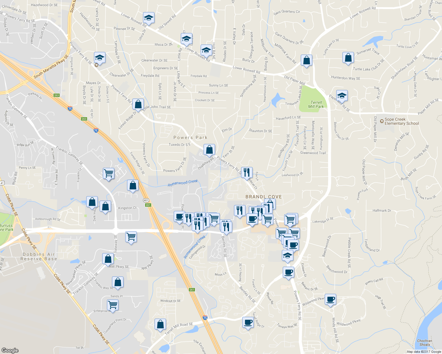 map of restaurants, bars, coffee shops, grocery stores, and more near 885 Cedar Creek North in Marietta