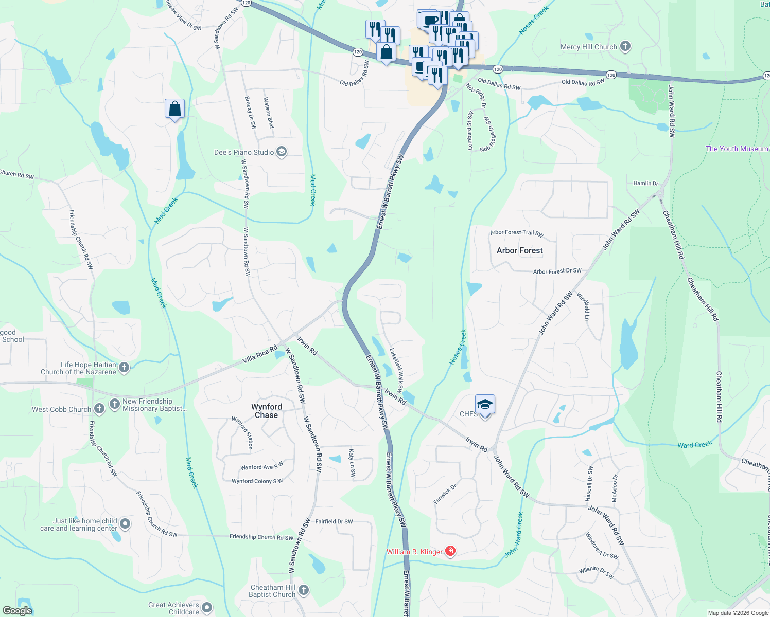 map of restaurants, bars, coffee shops, grocery stores, and more near 2541 Lakefield Cir in Marietta