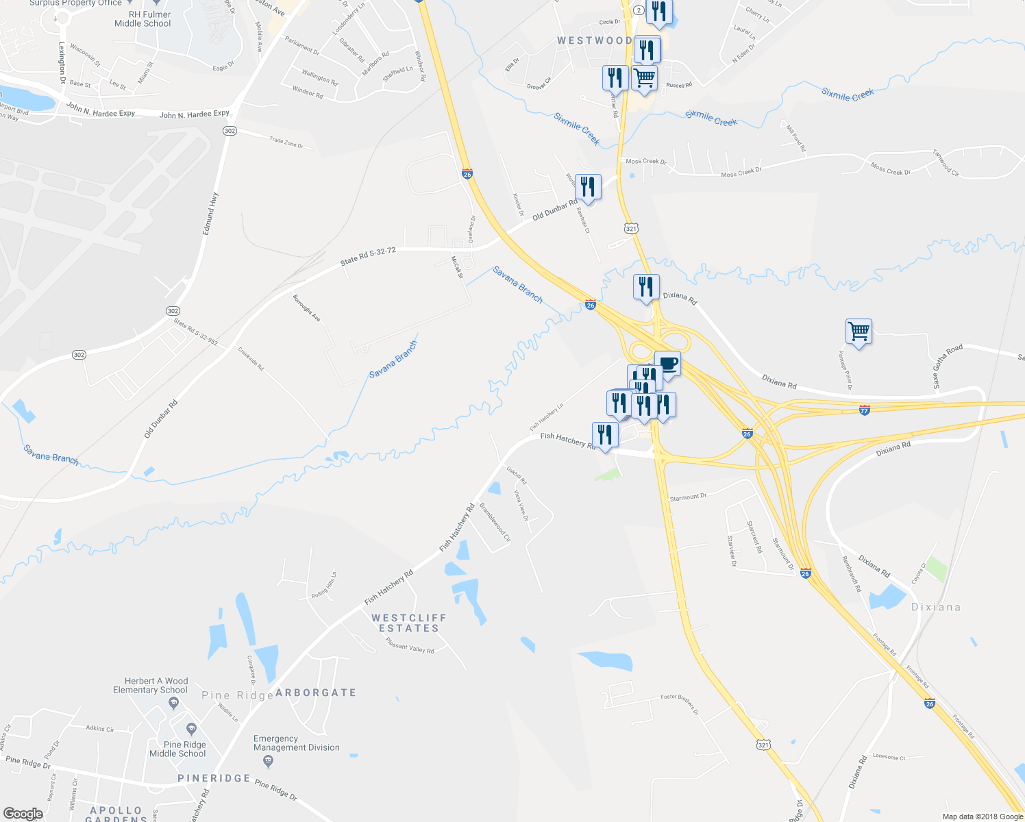 map of restaurants, bars, coffee shops, grocery stores, and more near 2490 Fish Hatchery Road in West Columbia