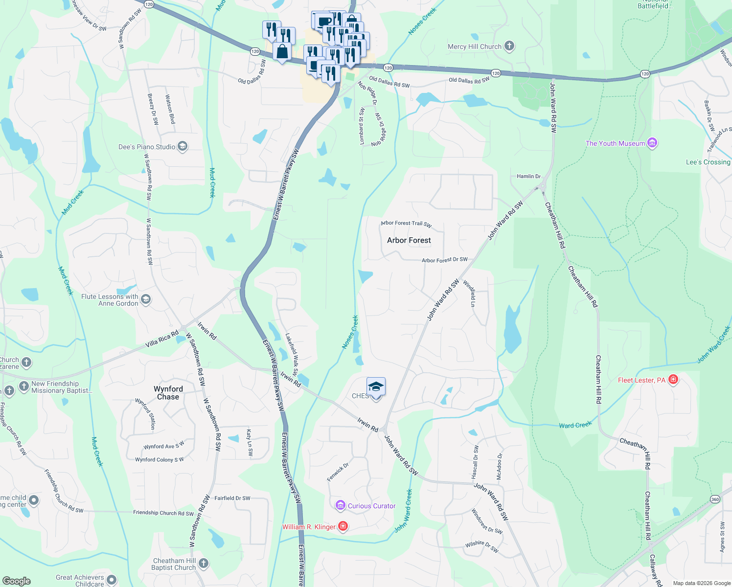 map of restaurants, bars, coffee shops, grocery stores, and more near 2376 Habersham Drive Southwest in Marietta