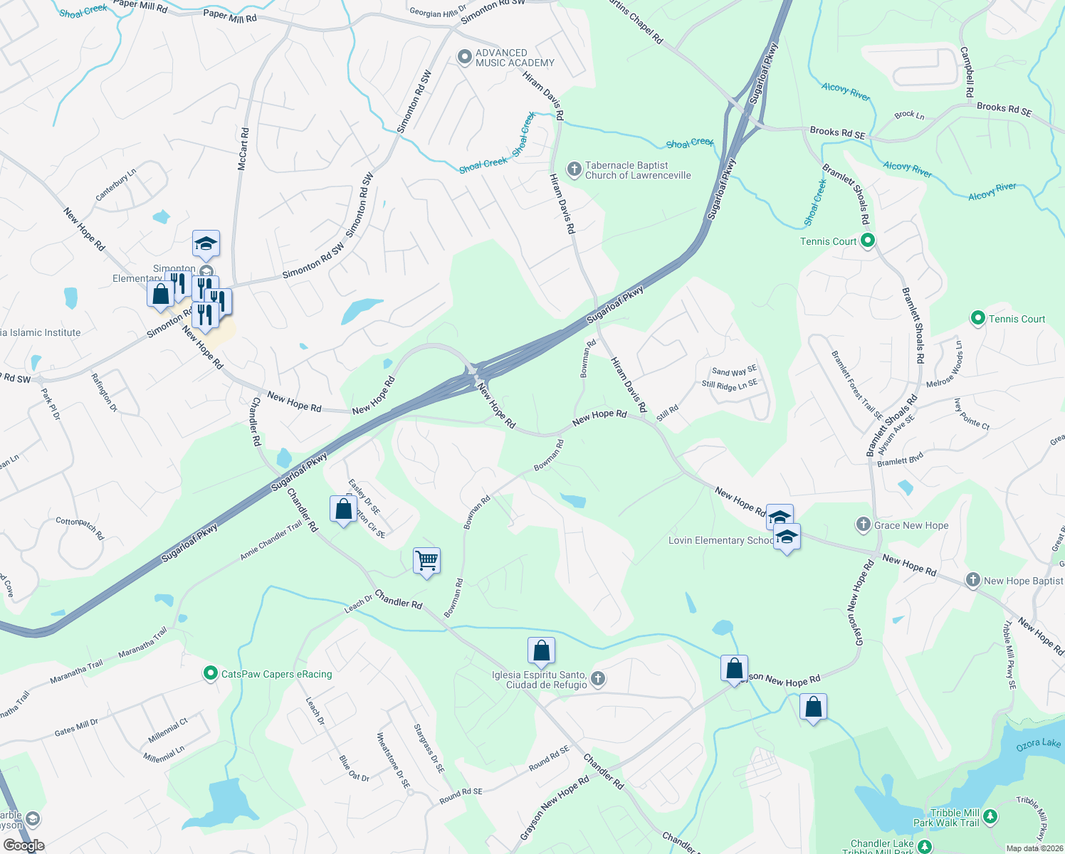 map of restaurants, bars, coffee shops, grocery stores, and more near 1365 Country Acres Ln in Lawrenceville
