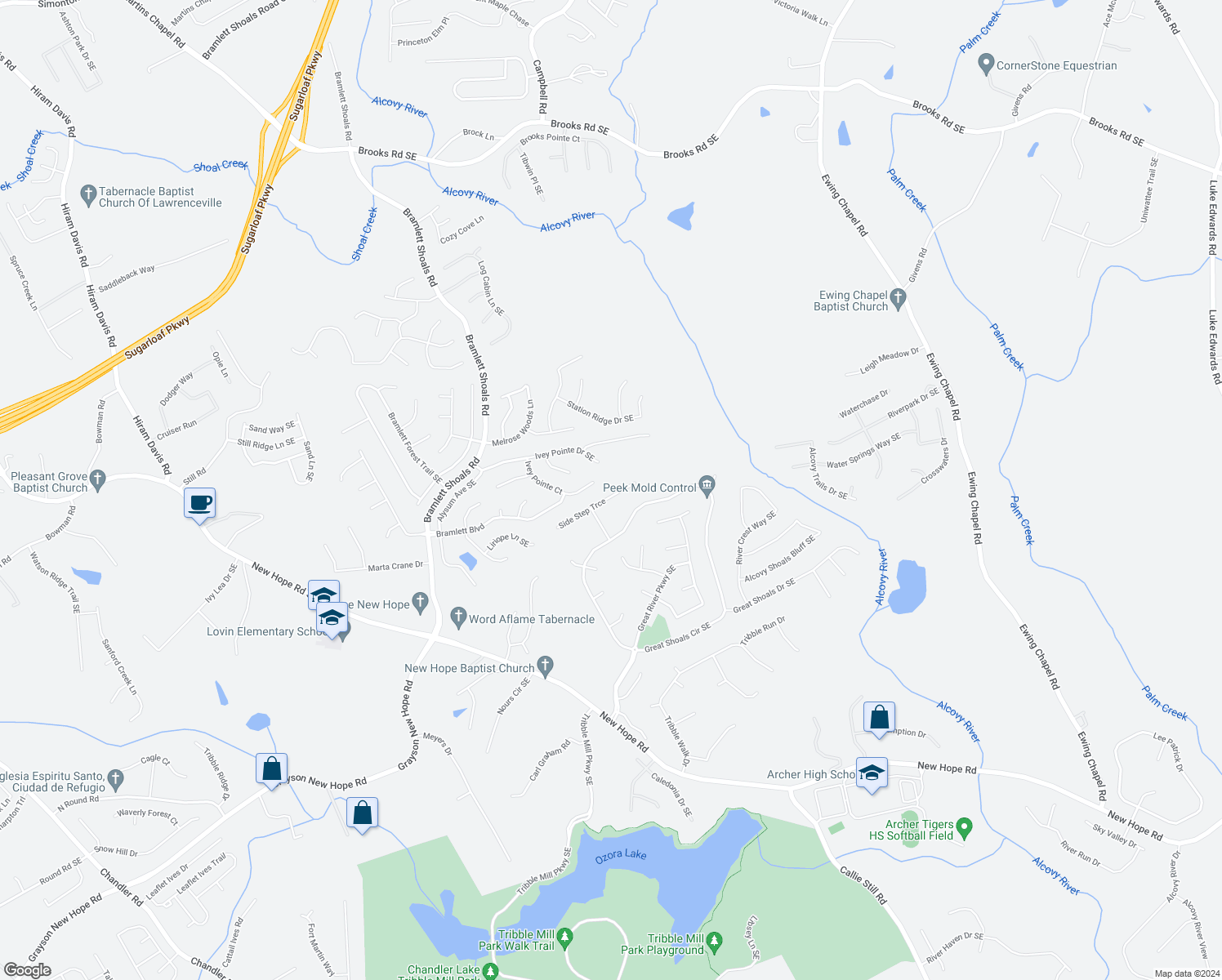 map of restaurants, bars, coffee shops, grocery stores, and more near 1348 Side Step Trace in Lawrenceville