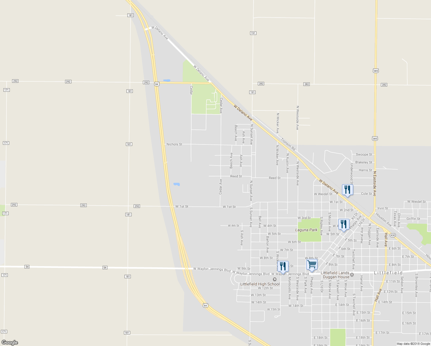 map of restaurants, bars, coffee shops, grocery stores, and more near 1701 Reed Street in Littlefield