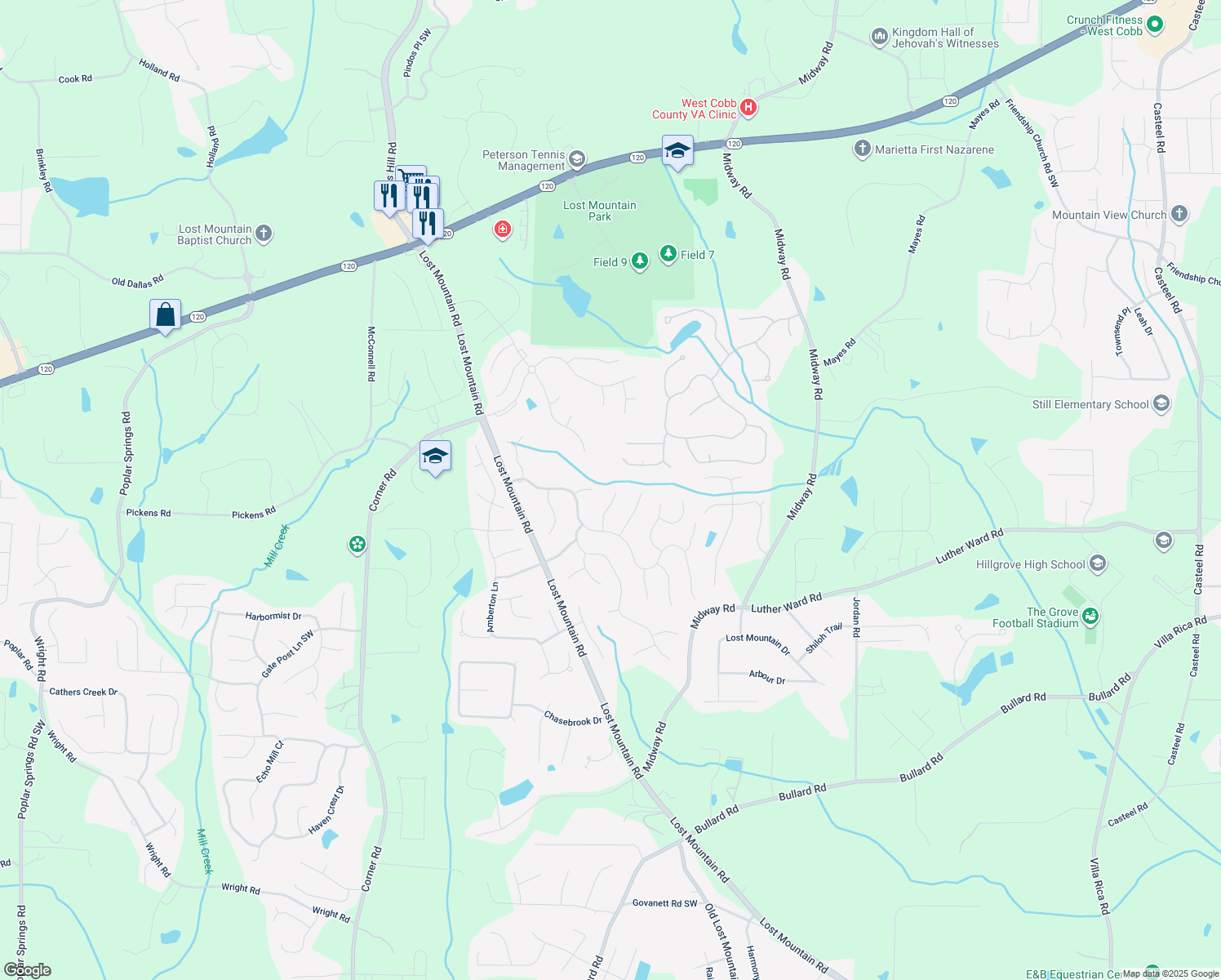 map of restaurants, bars, coffee shops, grocery stores, and more near 936 Bramble Oak Court in Powder Springs