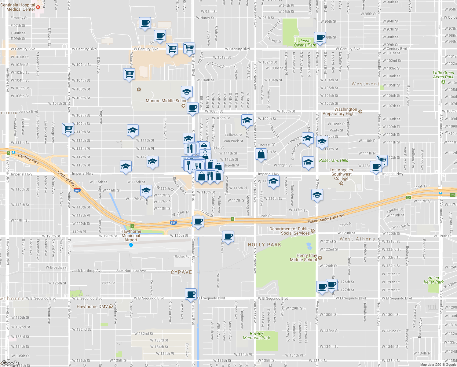 map of restaurants, bars, coffee shops, grocery stores, and more near 2524 West 115th Street in Hawthorne