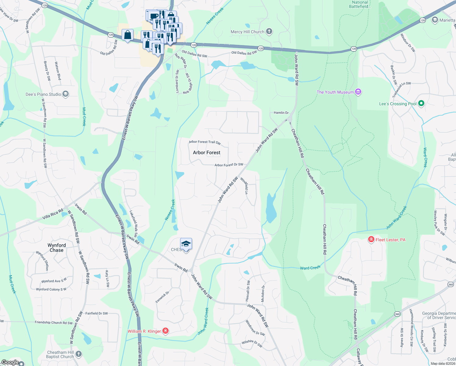 map of restaurants, bars, coffee shops, grocery stores, and more near 941 Brookmont Drive South West in Marietta