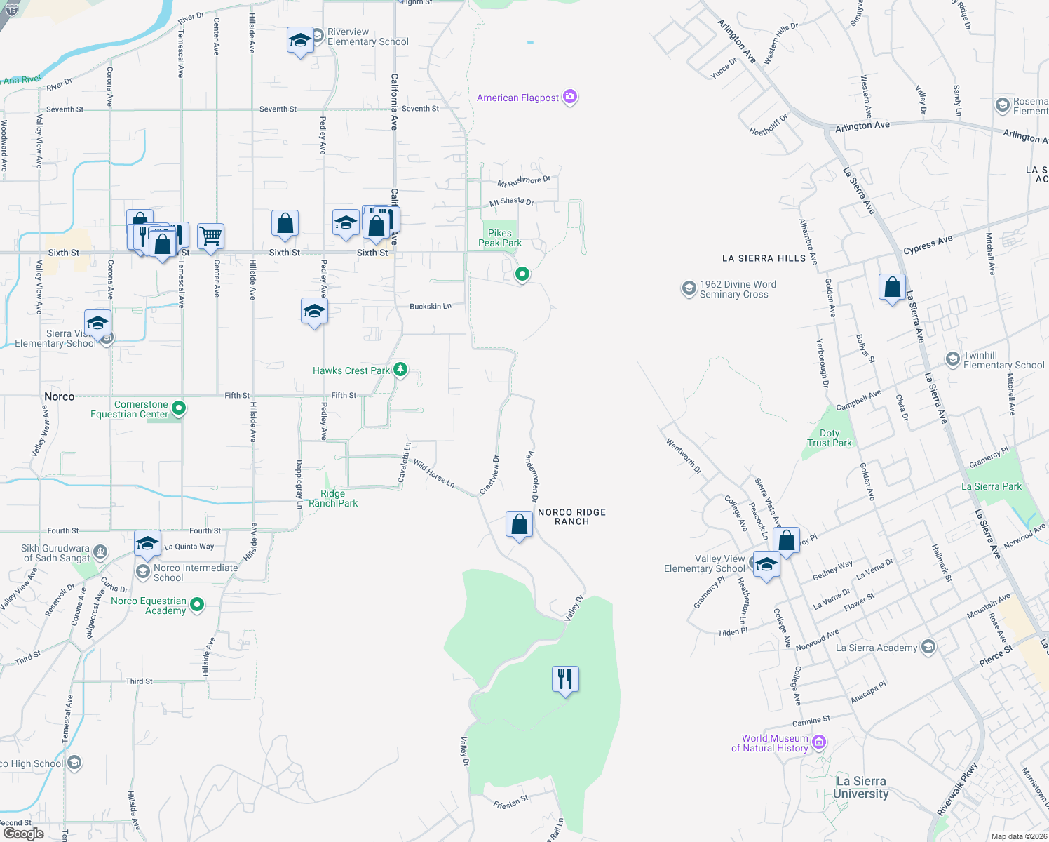 map of restaurants, bars, coffee shops, grocery stores, and more near 3302 Vandermolen Drive in Norco