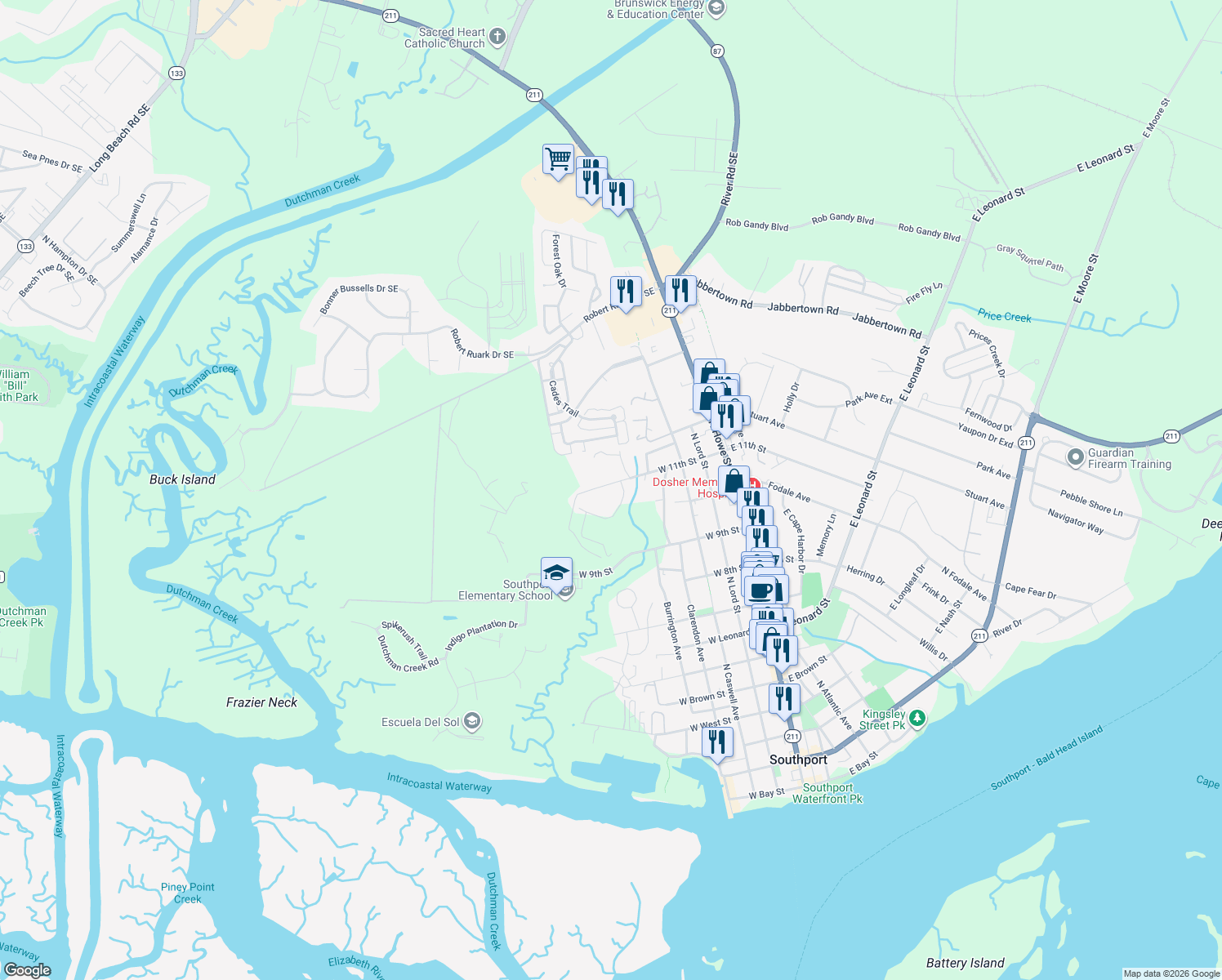 map of restaurants, bars, coffee shops, grocery stores, and more near 507 West 11th Street in Southport