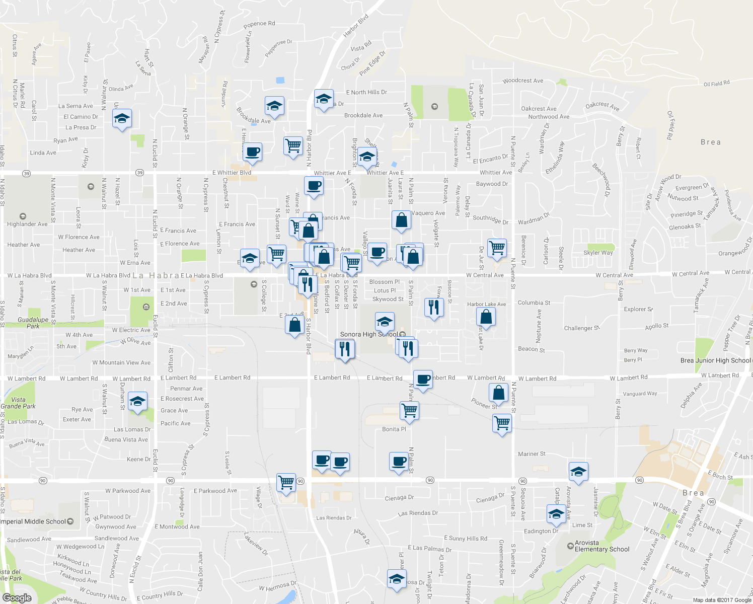 map of restaurants, bars, coffee shops, grocery stores, and more near 1936 Skywood Street in Brea