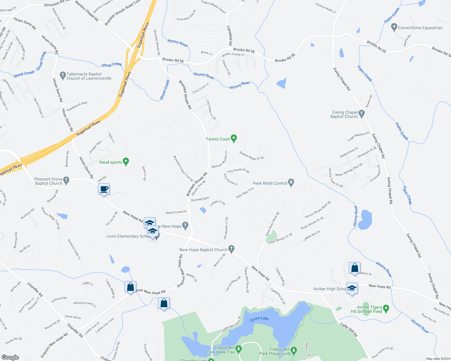 map of restaurants, bars, coffee shops, grocery stores, and more near 1283 Royal Ives Court Southeast in Lawrenceville