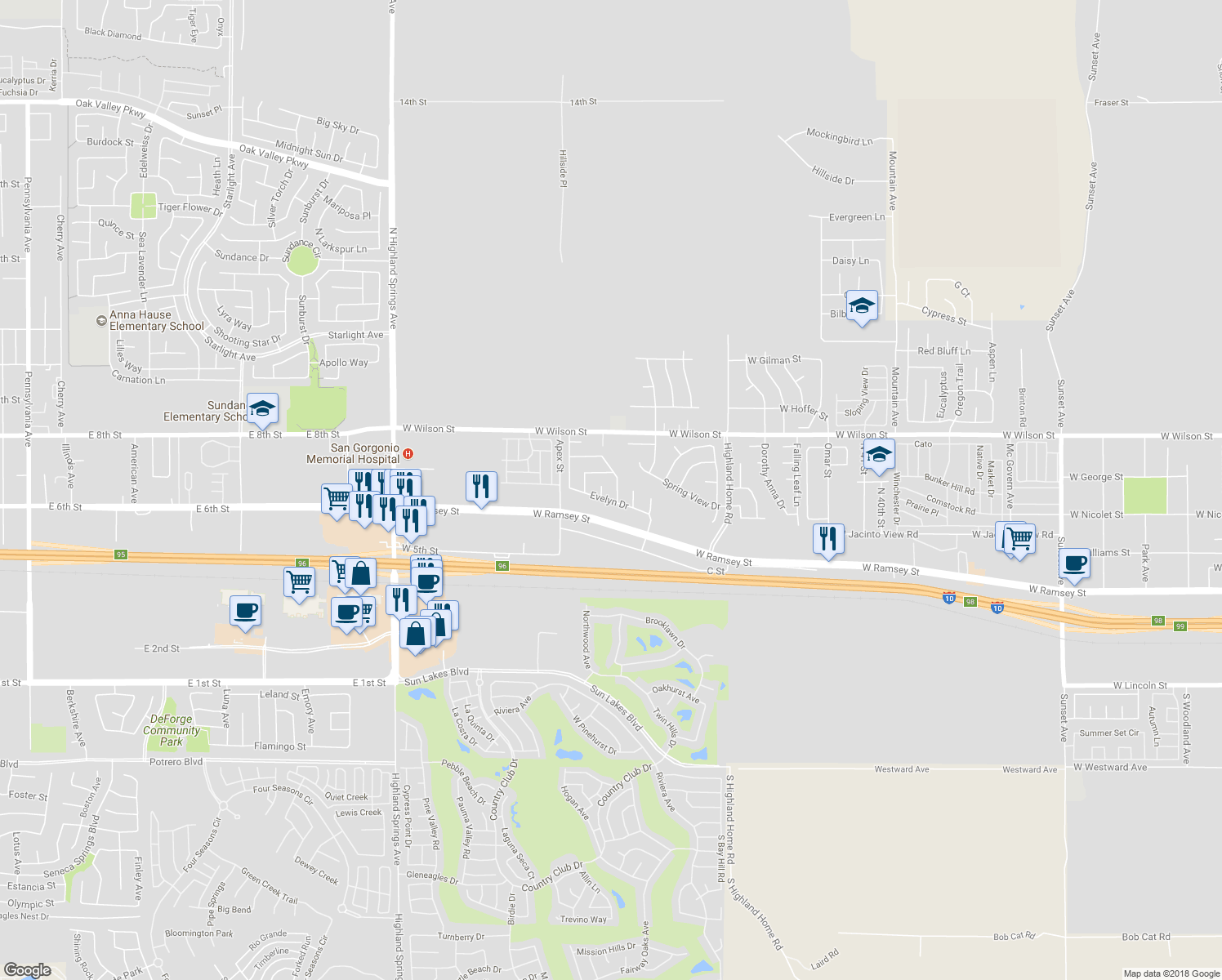 map of restaurants, bars, coffee shops, grocery stores, and more near 217 Beverly Drive in Banning