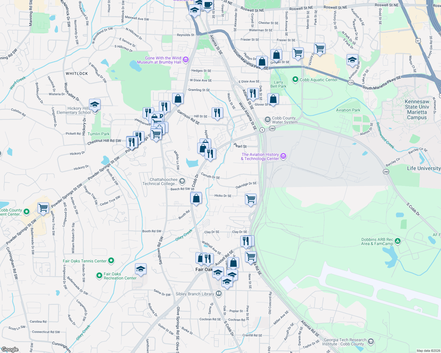 map of restaurants, bars, coffee shops, grocery stores, and more near 205 Carruth Drive Southeast in Marietta