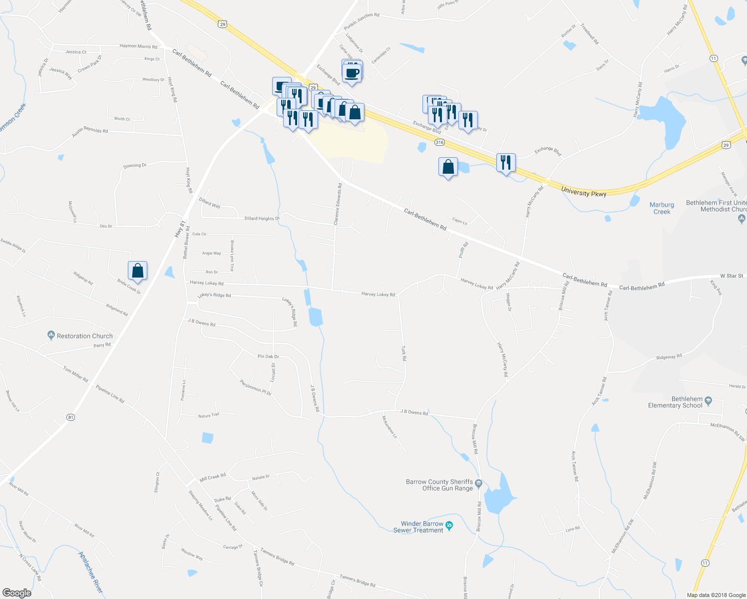 map of restaurants, bars, coffee shops, grocery stores, and more near 405 Harvey Lokey Road in Bethlehem
