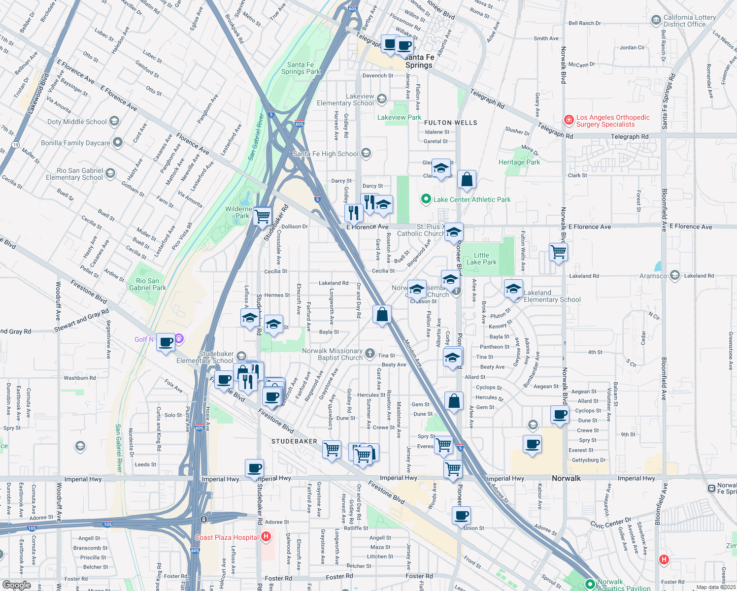 map of restaurants, bars, coffee shops, grocery stores, and more near 11466 Cresson St in Norwalk