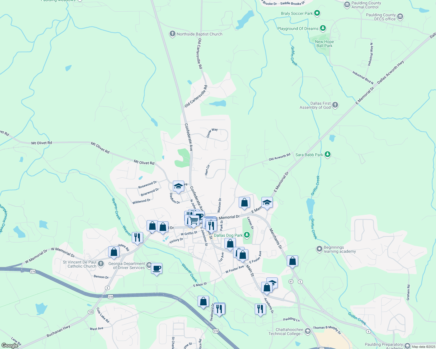 map of restaurants, bars, coffee shops, grocery stores, and more near 205 Hart Circle in Dallas