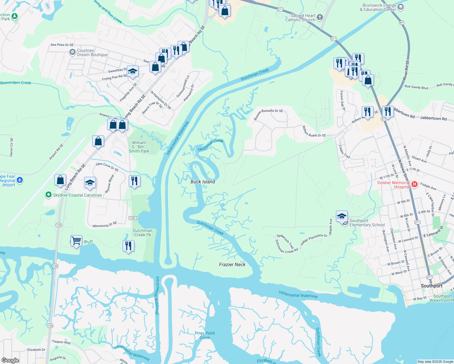 map of restaurants, bars, coffee shops, grocery stores, and more near 1026 Captain Adkins Drive in Southport