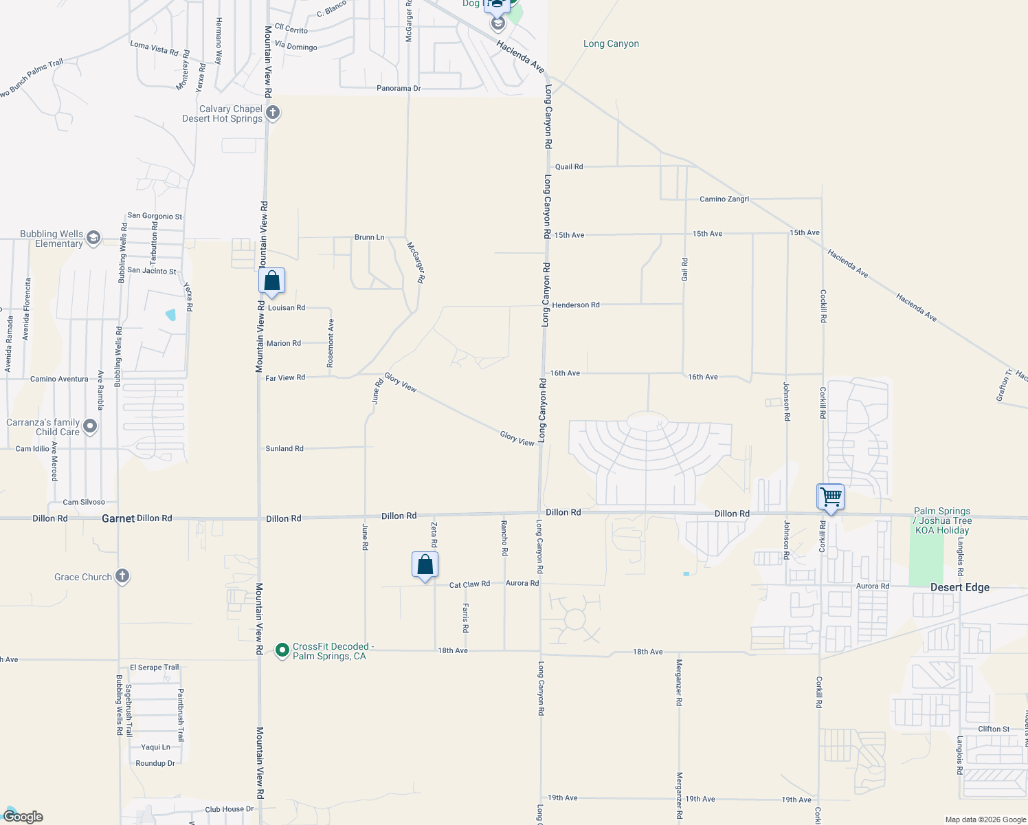 map of restaurants, bars, coffee shops, grocery stores, and more near Glory View in Desert Hot Springs